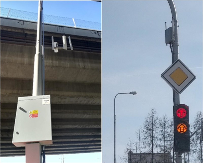 Obr. č.4: RSU v rozvaděči na dálnici (vlevo) a RSU, umístěné nad světly semaforu pro preferenci MHD (vlevo),
