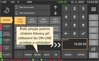 Ukázka obrazovky odbavení a přechodu na ON-LINE prodej a vyhledání.