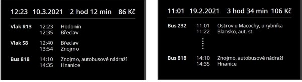 Connection display on the passenger screen. On the left, 3 found connections are displayed. On the right 4 or more are displayed when only the departure stop and the destination stop are displayed including the duration of the commute and the price.